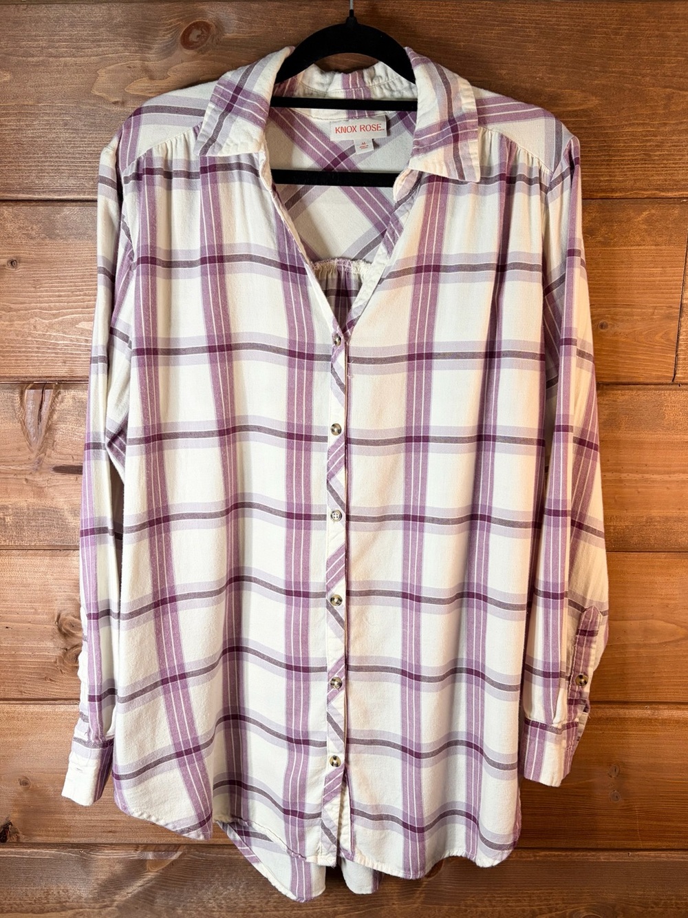 Knox Rose Cream and Lavender Plaid Button-Down Shirt Size Medium 💜